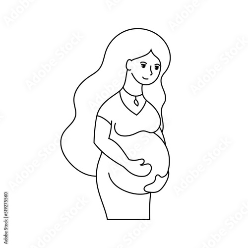 Silhouette of a pregnant girl with long hair. Beautiful woman in a dress. Simple flat vector illustration isolated on white background.