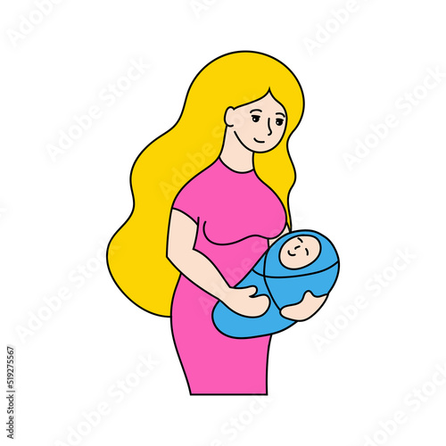Young mother with a baby in her arms. Beautiful woman in a dress. Cartoon style. Simple color flat vector illustration isolated on white background.