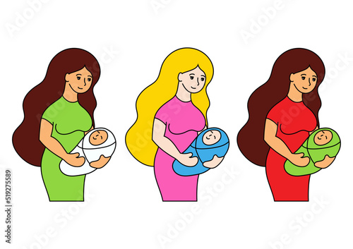 Young pregnant girl with long hair. Set of illustrations. Young mother with a baby in her arms. Cartoon style. Simple color flat vector illustration isolated on white background.