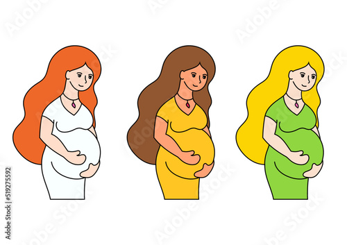Young pregnant girl with long hair. Set of illustrations. Beautiful woman in a dress. Cartoon style. Simple color flat vector illustration isolated on white background.