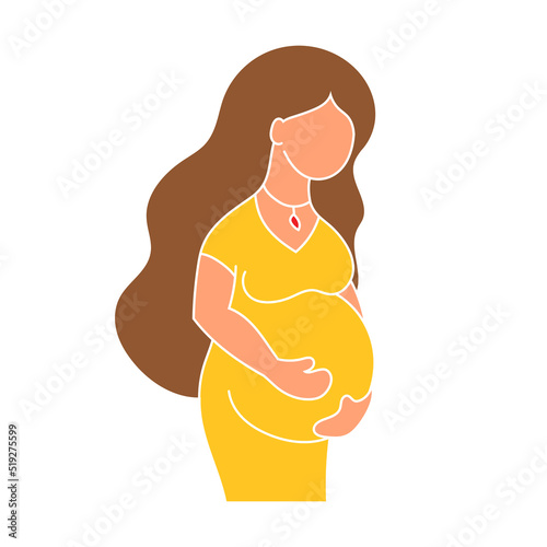 Silhouette of a pregnant girl with long hair. Beautiful woman in a dress. Simple flat vector illustration isolated on white background.