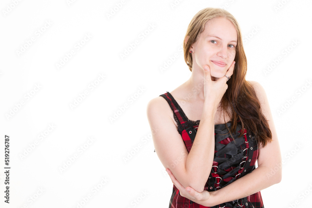 young pretty cute woman hand finger on chin smiling face with long hair happy on white background young pretty cute woman hand finger on chin smiling face with long hair happy on white background