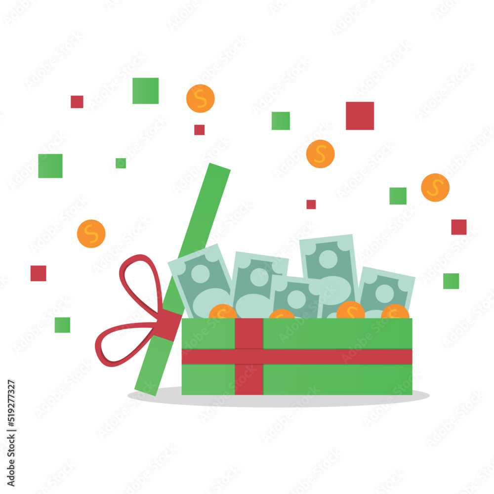 Surprise box with cash prizes. Concept of cashback service, discount and loyalty card, customer service, online shopping, earn point. Vector illustration flat design