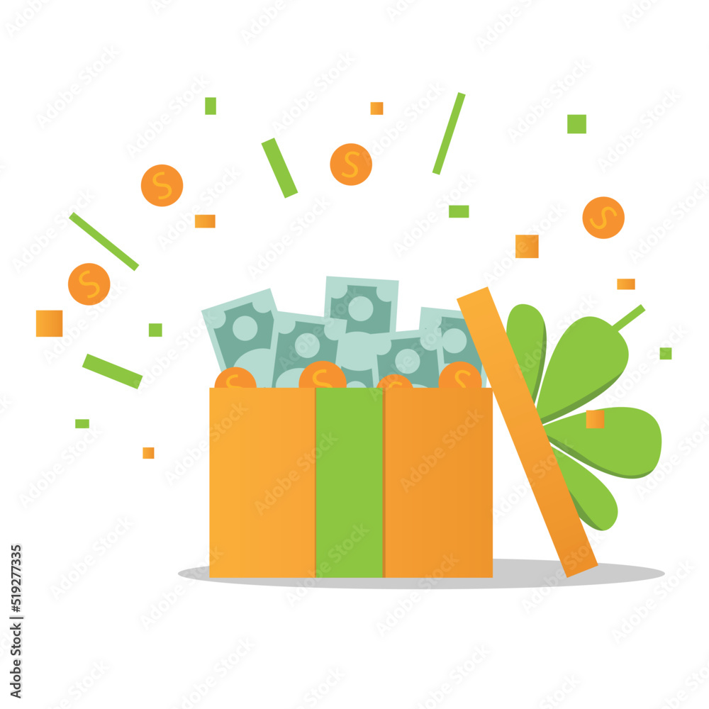Obraz premium Surprise box with cash prizes. Concept of cashback service, discount and loyalty card, customer service, online shopping, earn point. Vector illustration flat design