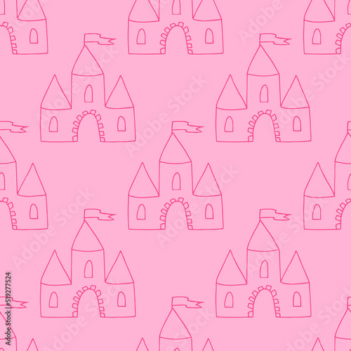 castle seamless pattern hand drawn doodle. vector, minimalism, monochrome, trendy color 2022. wallpaper, background, textile, wrapping paper. flags, towers, fairy tale, children.