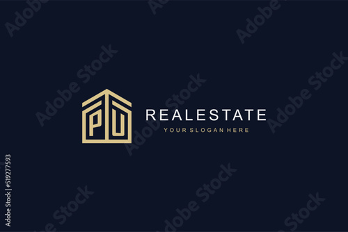 Letter PU with simple home icon logo design, creative logo design for mortgage real estate