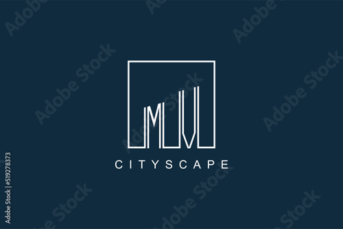 Initials MV logo with modern minimal elegant square line and abstract building
