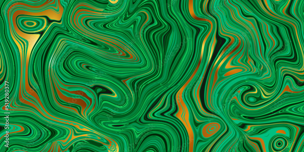Malachite green and gold seamless marble pattern with psychedelic swirls. Vector liquid acrylic texture. Flow art. Trippy 70s textile background. Tie dye simple artistic effect Malachite green and gold seamless marble pattern with psychedelic swirls. Vector liquid acrylic texture. Flow art. Trippy 70s textile background. Tie dye simple artistic effect