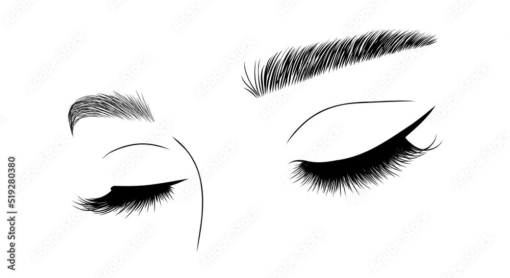 Realistic lashes on white background. Woman with closed eyes and brows icon. Lamination and extension eyelashes. Beauty studio logo. Linear vector Illustration in trendy minimalist style.