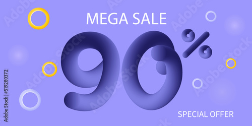 90 percent Mega Sale. Lilac loyalty discount program banner. Big super sale at reduced prices. Favorable promo deal, special offer. Hot deal. Modern background of advertising product promotion 3d. 