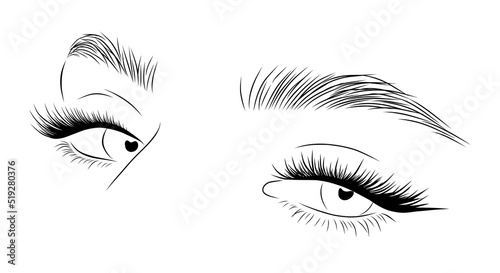 Realistic lashes on white background. Female woman eyes and brows icon. Lamination and extension eyelashes. Beauty studio logo. Linear vector Illustration in trendy minimalist style.
