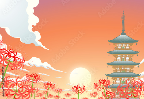 ヒガンバナ　彼岸花　夕焼け空　五重塔