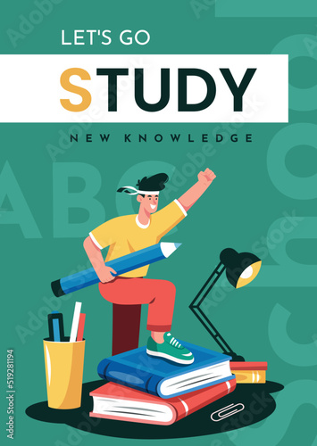 Motivational Education poster. The concept of learning and self-education. The young guy is positively tuned in to study. 