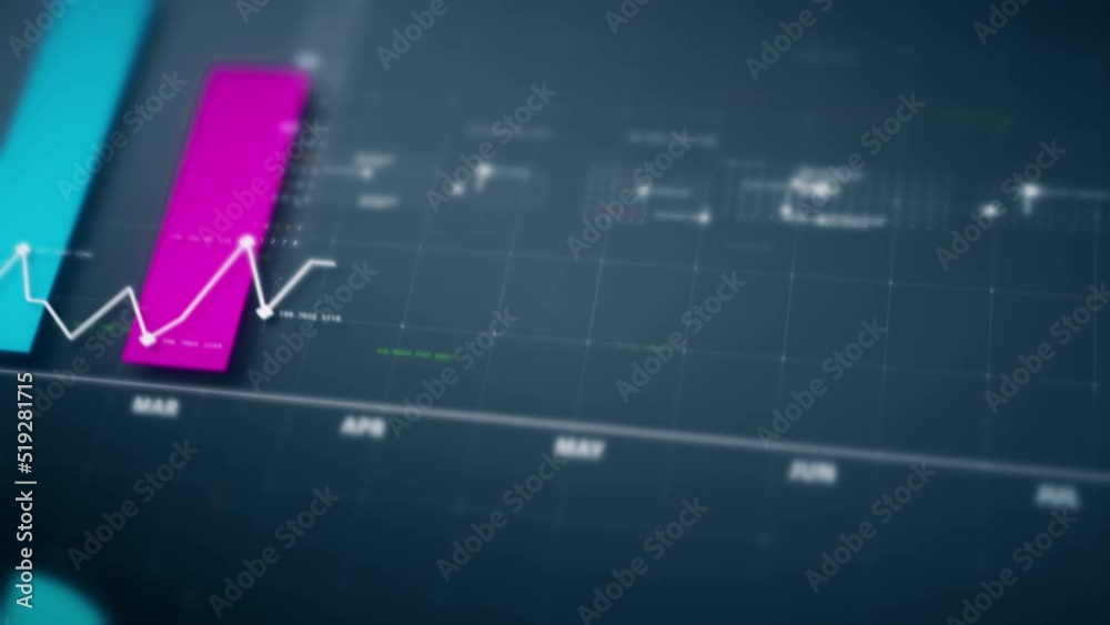 Business stock market, trading, info graphic with animated graphs, charts and data numbers insight analysis to be shown on monitor display screen for business meeting mock up theme