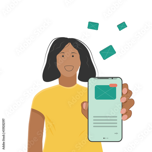 a woman shows a messaging app on her phone screen