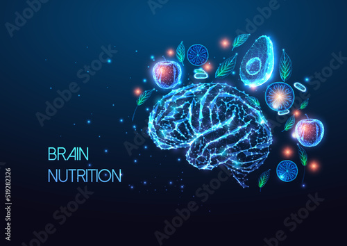 Brain nutrition, biohacking concept with human brain and healthy food in futuristic style on blue 