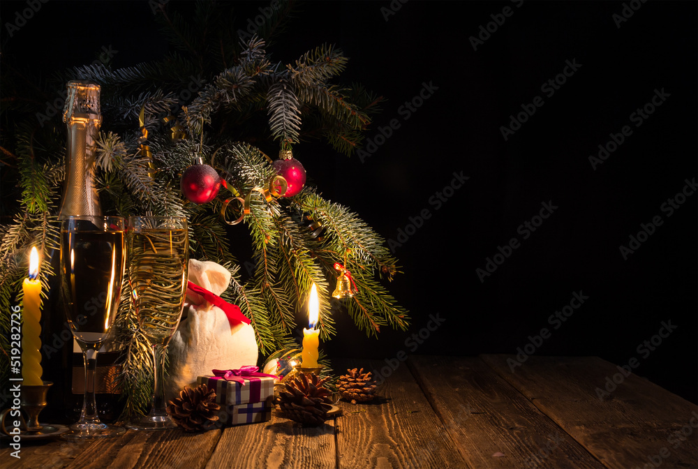 New Year`s theme with champagne and gifts New Year`s theme with champagne and gifts