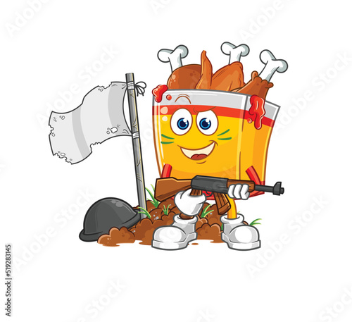 fried chicken army character. cartoon mascot vector