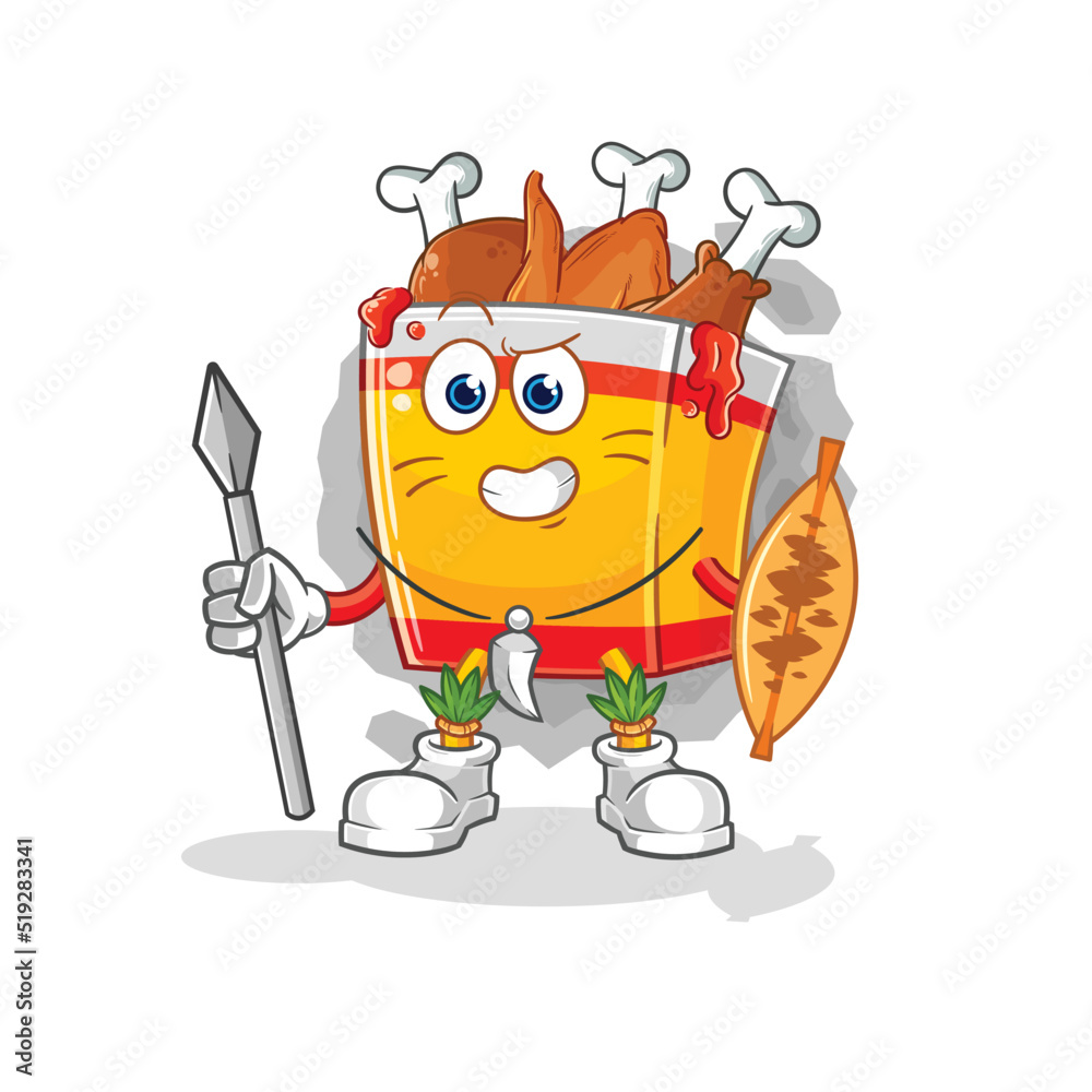 fried chicken african tribal fighter mascot. cartoon vector fried chicken african tribal fighter mascot. cartoon vector