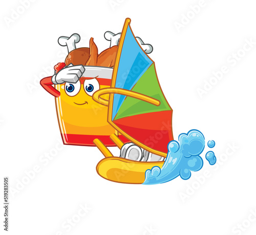 fried chicken windsurfing character. mascot vector