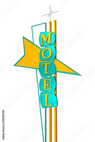 Isolated Vintage Motel Sign on White Background.  Mid Century Modern Design from the 50's. photo