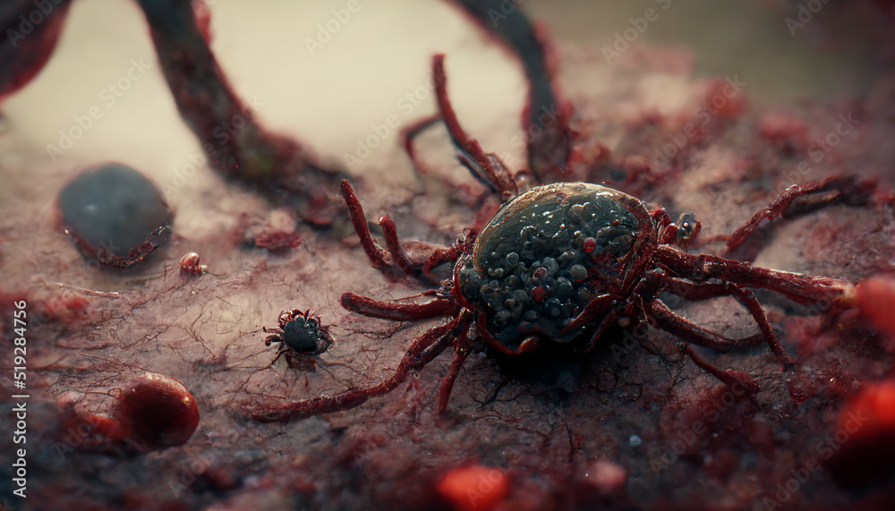 Tick attached to human skin inserting pathogen, macro concept of ticks