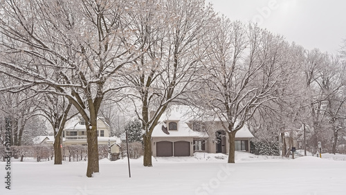 Suburbian houses in the snow along a park with bare trees in Montreal, Quebec, Canada  photo