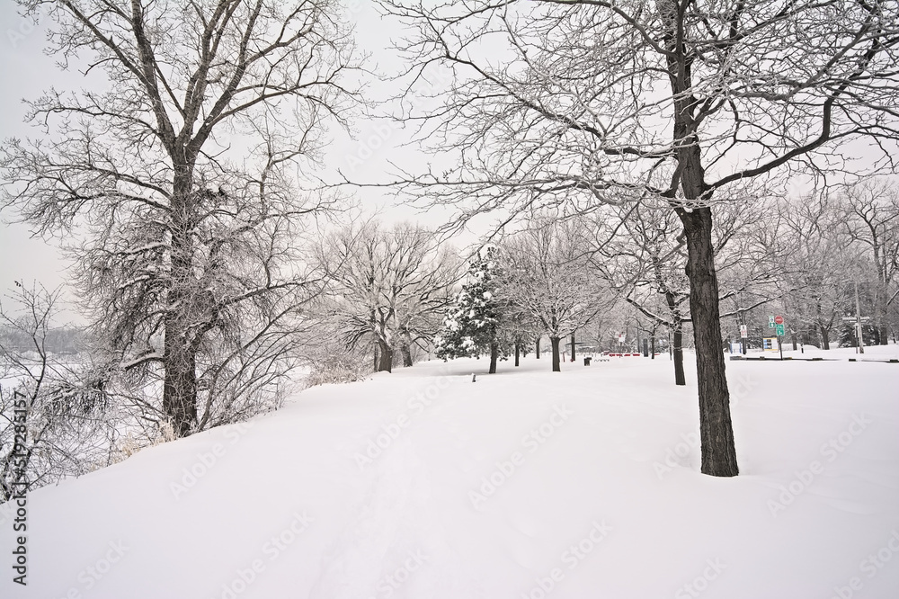 Ile de la visitation nature park in the snow. Montreal, Quebec, Canada