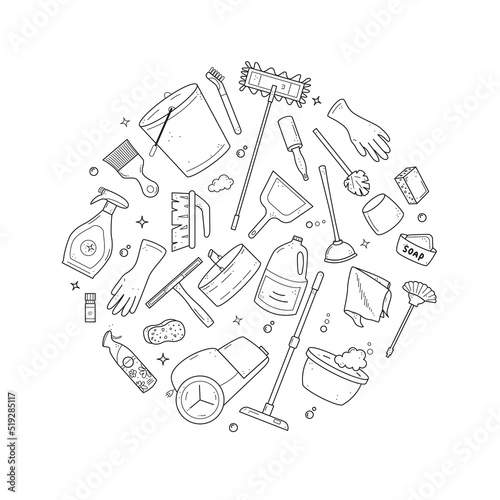 Hand drawn cleaning equipments set, sponge, vacuum, detergent, soap, bucket. Clean elements collection in doodle sketch style. Vector illustration for cleaning service ad, advertising
