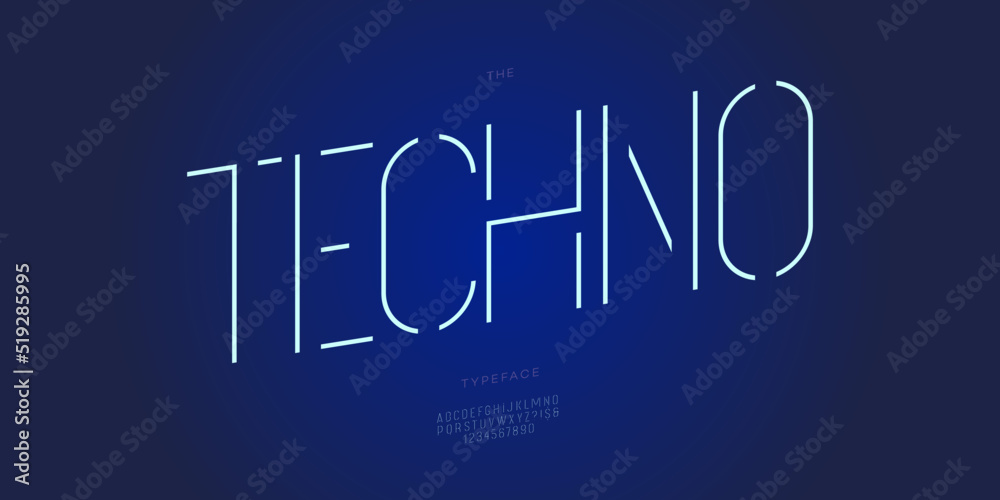 Fototapeta premium Vector techno font line minimal style modern typography for infographics, motion graphics, video, promotion, decoration, logo, party poster, t shirt, book, futuristic animation, banner, game, printing