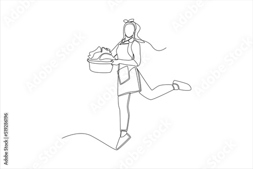 Continuous one line drawing Happy washerwoman brings a basket of laundry. Laundry service concept. Single line draw design vector graphic illustration.
