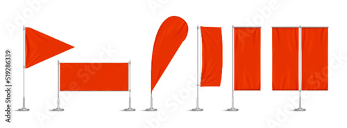 Red and black vinyl flags and set banners on metal pole. Vector realistic template of fabric promotion posters, advertising striped canvas pennants hanging on metal frame and stand