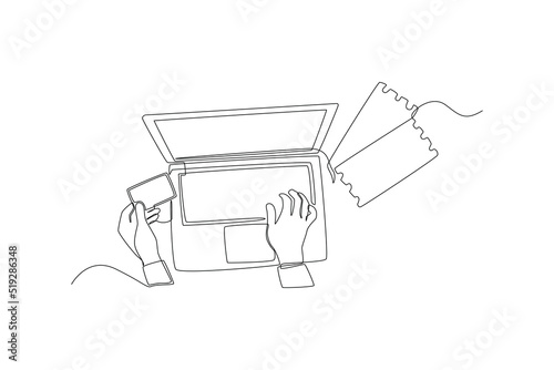 Single one line drawing young businessman order and pay online ticket by card in laptop. Online ticket concept.  Continuous line draw design graphic vector illustration.