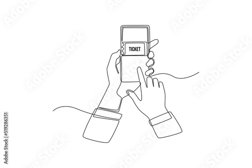 Single one line drawing young boy book tickets online via smartphone for entertainment Events. Online ticket concept.  Continuous line draw design graphic vector illustration.