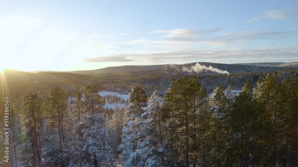Aerial view towards rural forested smoking cabins surrounded by sunrise snow covered Scandinavian woodland landscape Aerial view towards rural forested smoking cabins surrounded by sunrise snow covered Scandinavian woodland landscape
