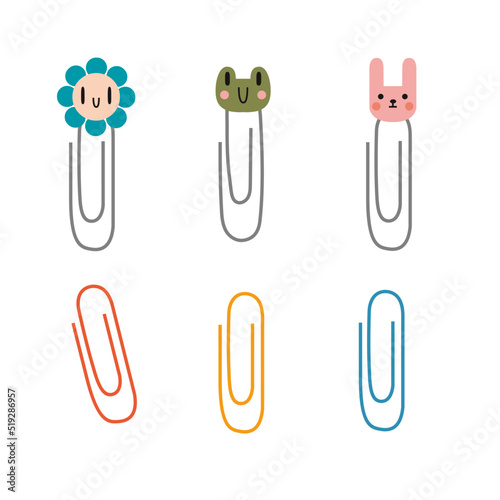 Cute stationery office paperclip with kawaii muzzles, cartoon style. Trendy modern vector illustration isolated on white background, hand drawn, flat