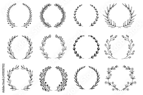 Ornamental branch wreathes set in hand drawn design. Laurel leaves wreath and decorative branch bundle. Different types of herbs, twigs with flowers and plants elements. Vector floral decoration