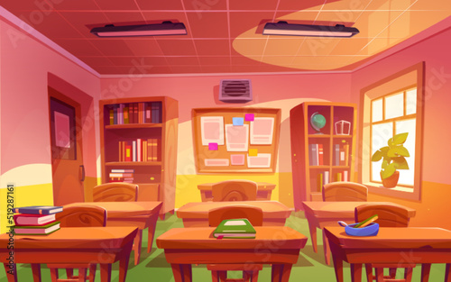 Classroom interior, school or college class with textbooks lying on student desks, chairs, schedule board hanging on wall and books in cupboard, light room for studying, Cartoon vector illustration