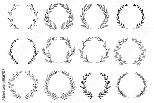Ornamental branch wreathes set in hand drawn design. Laurel leaves wreath and decorative branch bundle. Botanical decor of herbs, twigs with flowers and plants elements. Vector floral decoration