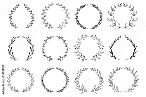 Ornamental branch wreathes set in hand drawn design. Laurel leaves wreath and decorative branch bundle. Botanical outline decor of herbs, twigs, sprigs and plants elements. Vector floral decoration