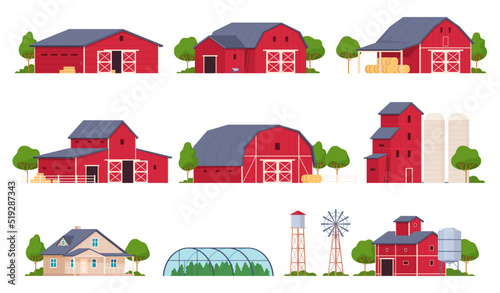 Farm buildings. A farmer dwelling, a barn for animals, a hangar for storing crops. Vector illustration