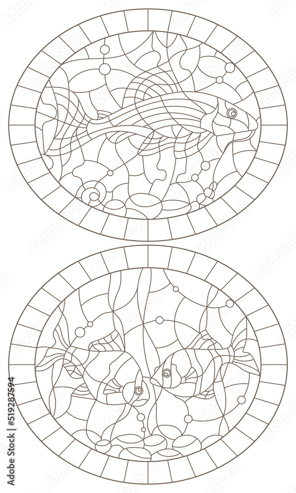 Set of contour illustrations of stained glass Windows with fishes , dark contours on a white background Set of contour illustrations of stained glass Windows with fishes , dark contours on a white background