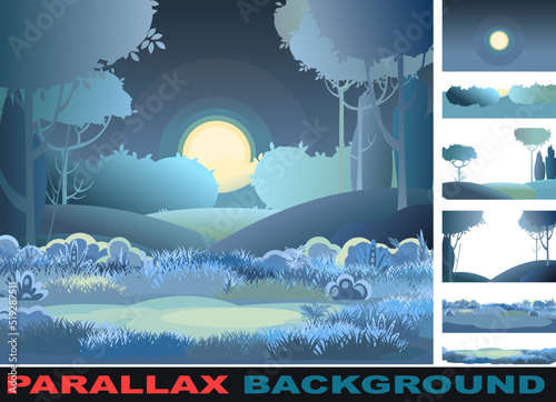 Night beautiful rural landscape. Set parallax effect. Cartoon style. Hills grass and dark trees. Moon and moonlight. Lush meadows. Distant. Flat design illustration. Vector