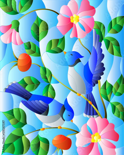 Принти на полотні Illustration in stained glass style with two blue jays on the branches of bloomi