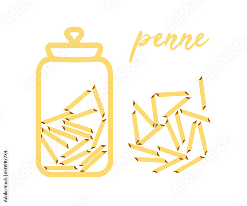 Penne pasta. Vector illustration of yellow Italian pasta in a jar for package or menu design or article. 
