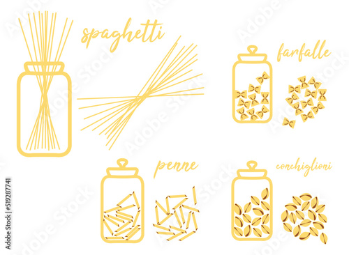 Pasta Set. Vector illustration of Italian penne, farfalle and spaghetti pasta in jar and scattered for print or packaging. 