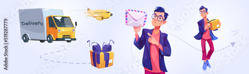 Concept of delivery, post and shipping service with postman with letter, truck and plane. Vector cartoon set of man courier hold mail, van, airplane and giftbox