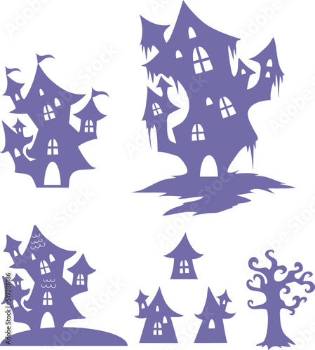 ハロウィン　ハロウィーン　おばけ屋敷　城　飾り　デコレーション　切絵　影絵　シルエット　10月　秋　イラストセット