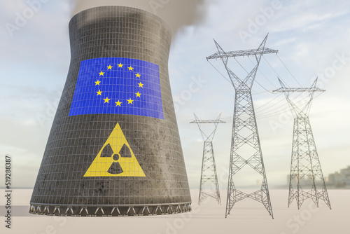 Nuclear energy in EU or European Union concept. Cliche symbols of nuclear energy with an electricity transmission towers flag of the country on a nuclear plant cooling tower. 