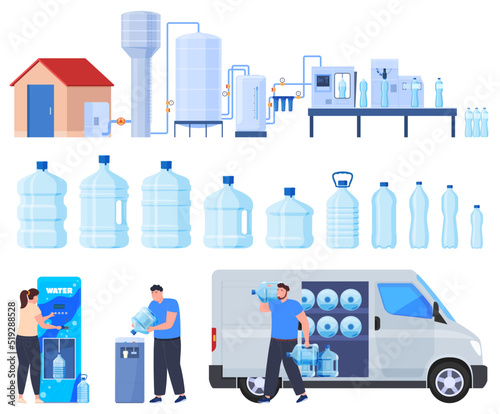 Extraction and delivery of water. The process of producing and supplying water to people. Vector illustration